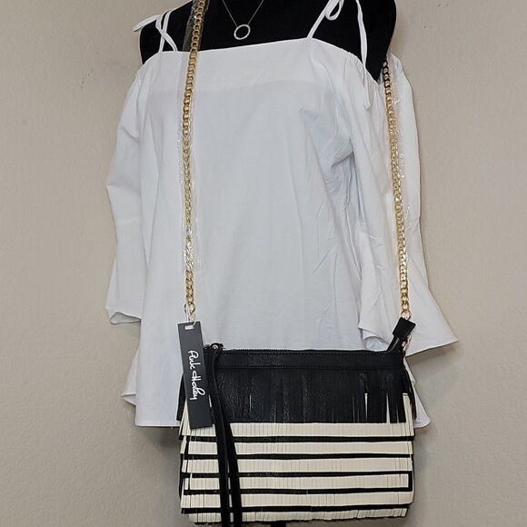 Black/Tan Fringe Vegan Leathe Clutch/Crossbody Bag - Picture 4 of 15